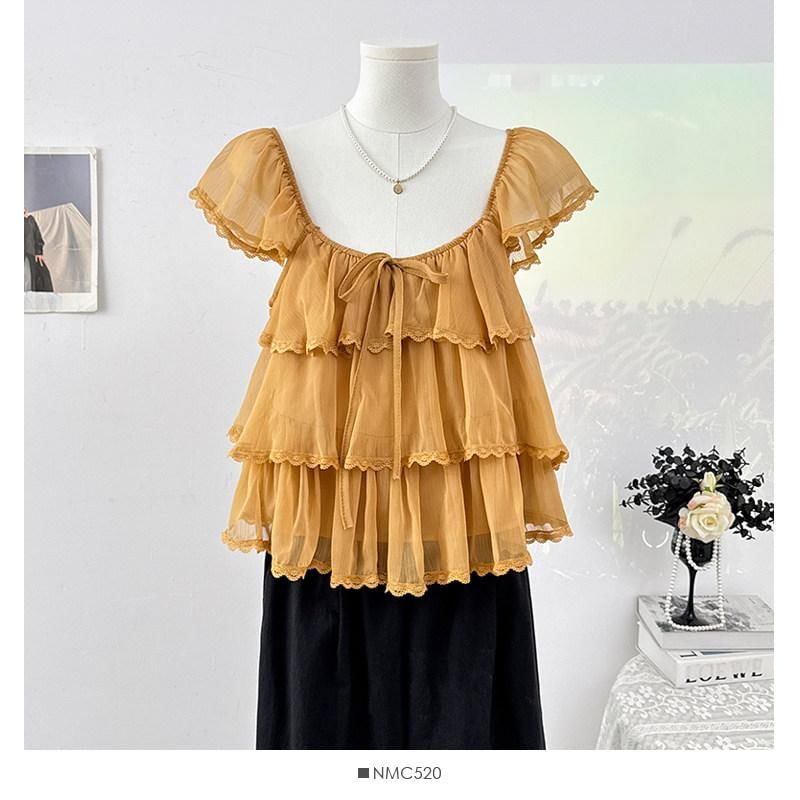 Cap-Sleeve Square Neck Plain Lace Trim Tiered Ruffle Blouse