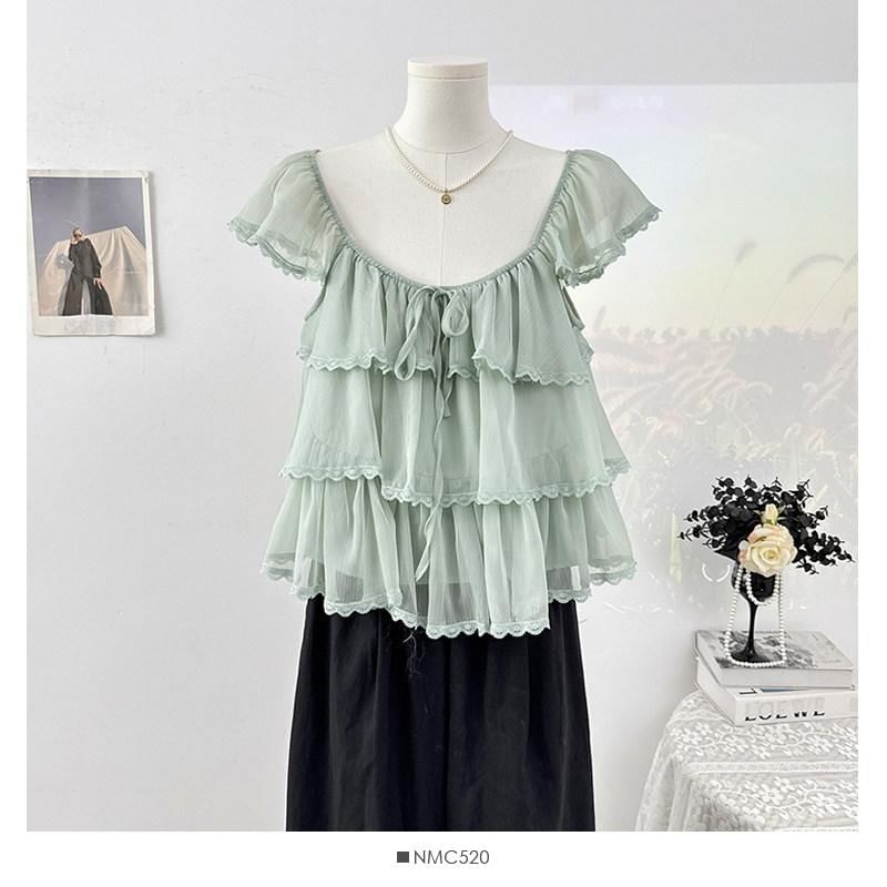 Cap-Sleeve Square Neck Plain Lace Trim Tiered Ruffle Blouse