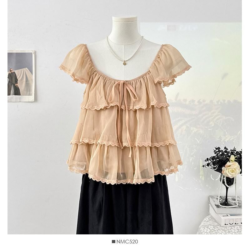 Cap-Sleeve Square Neck Plain Lace Trim Tiered Ruffle Blouse