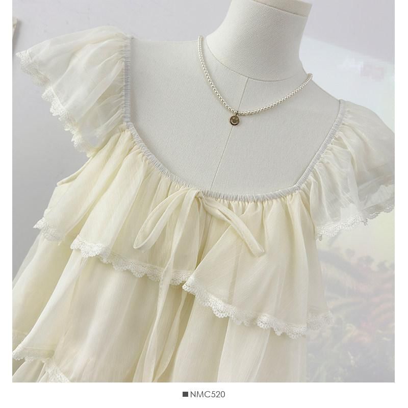 Cap-Sleeve Square Neck Plain Lace Trim Tiered Ruffle Blouse