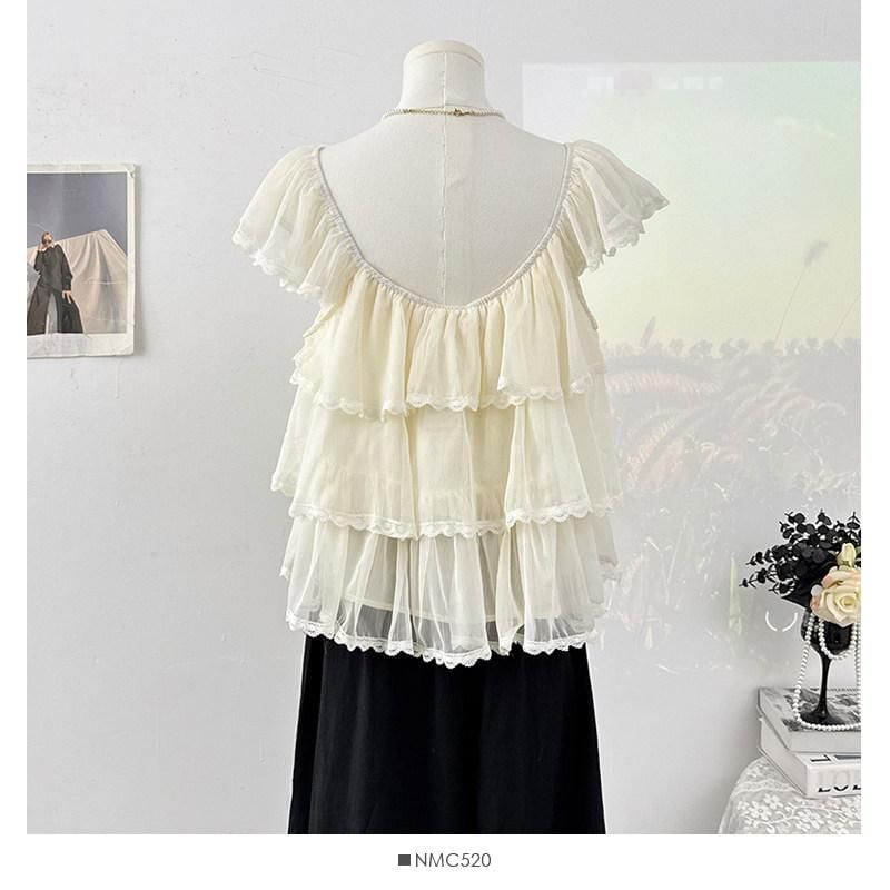 Cap-Sleeve Square Neck Plain Lace Trim Tiered Ruffle Blouse
