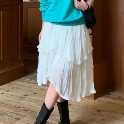 Mid Rise Plain Lace Trim Midi Tiered Skirt