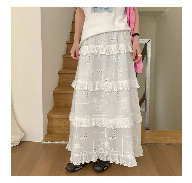 Mid Rise Plain Ruffle Trim Maxi A-Line Skirt