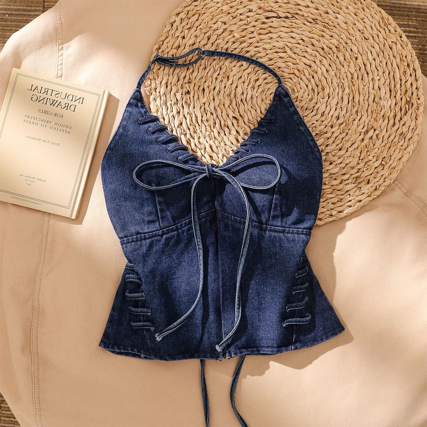 Halter V-Neck Tie Front Open Back Denim Crop Top
