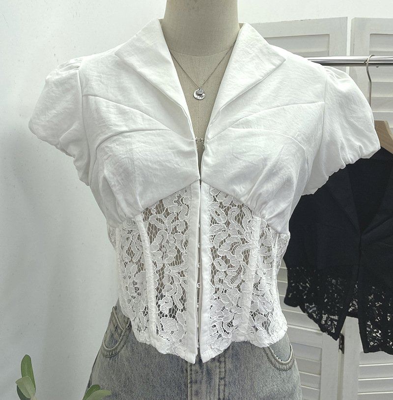 Cap Sleeve Collared Plain Panel Lace Crop Blouse