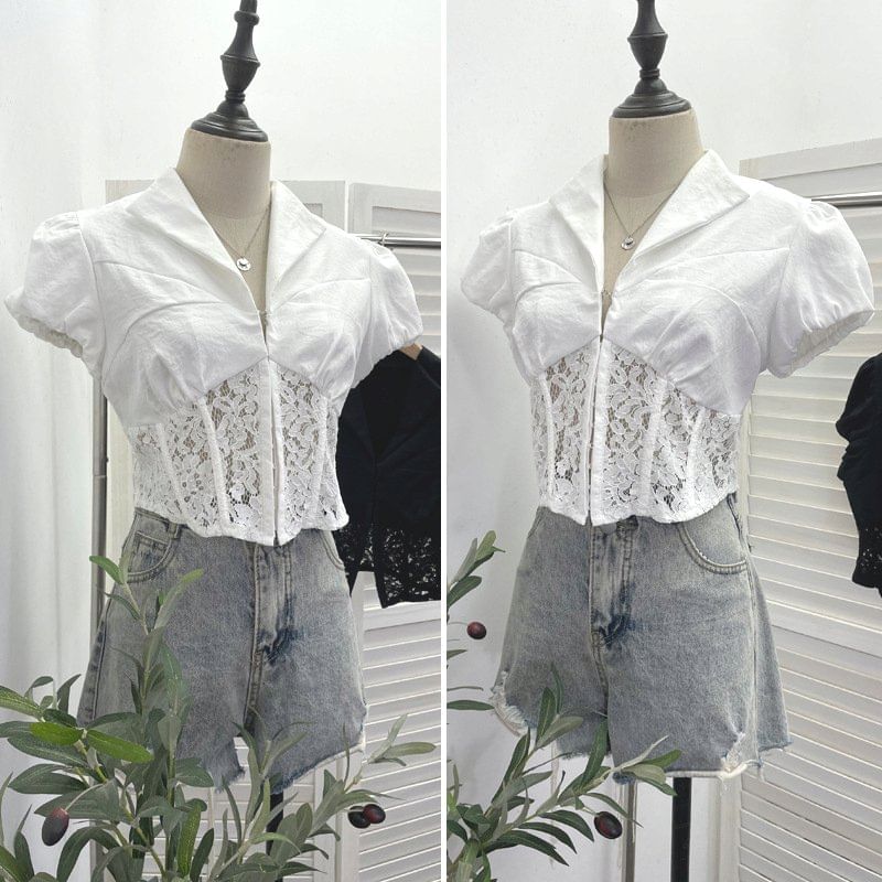 Cap Sleeve Collared Plain Panel Lace Crop Blouse