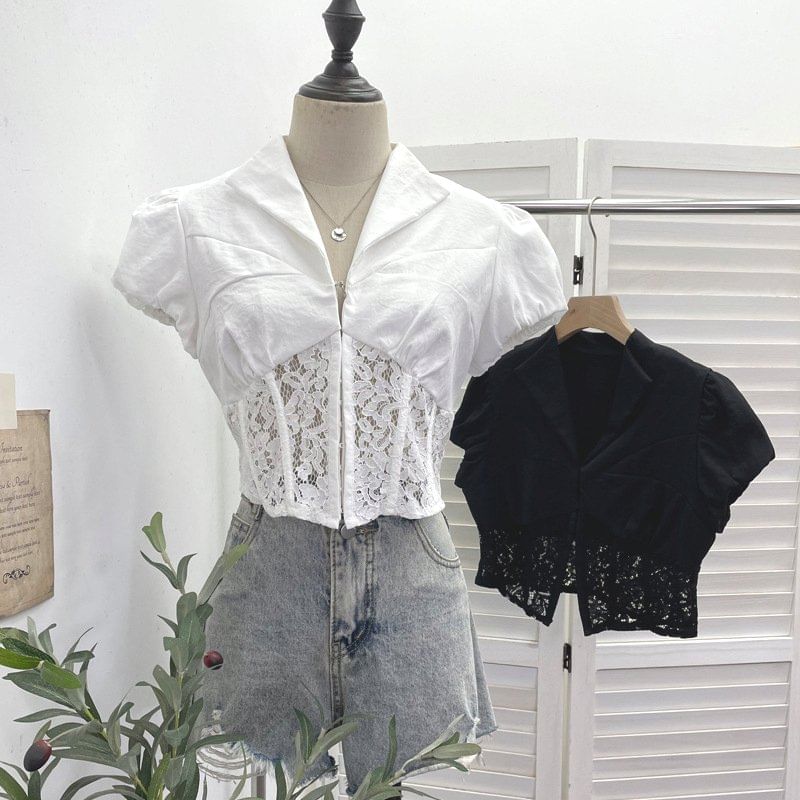 Cap Sleeve Collared Plain Panel Lace Crop Blouse