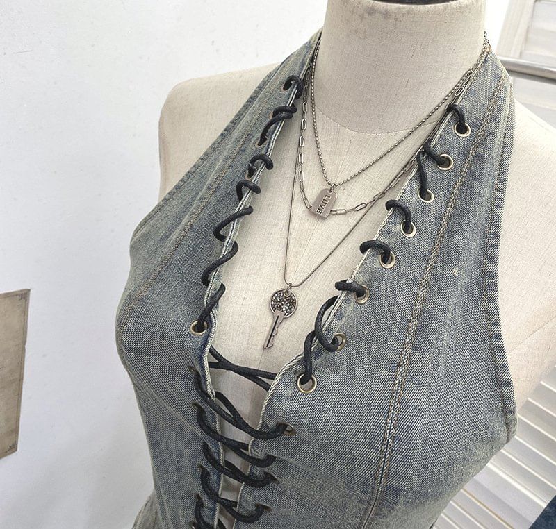 Halter Lace Up Denim Top