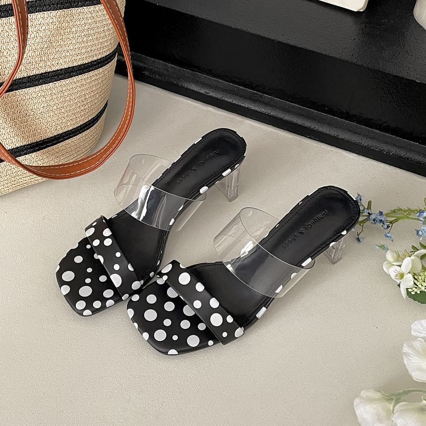 Dotted Faux Leather Clear Strap High Heel Slide Sandals