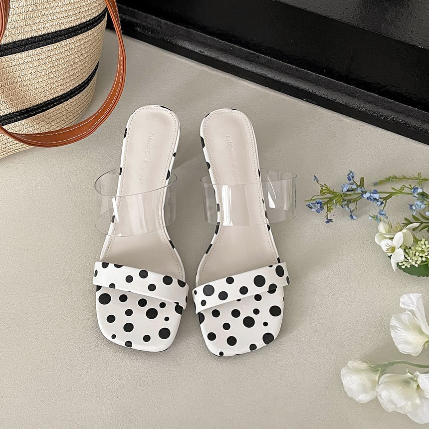 Dotted Faux Leather Clear Strap High Heel Slide Sandals