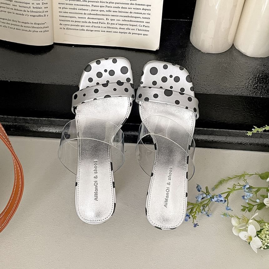 Dotted Faux Leather Clear Strap High Heel Slide Sandals