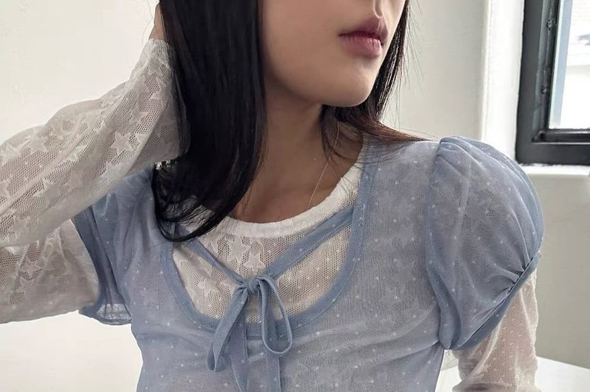 Puff-Sleeve Scoop Neck Tie Front Mesh Top with Dots