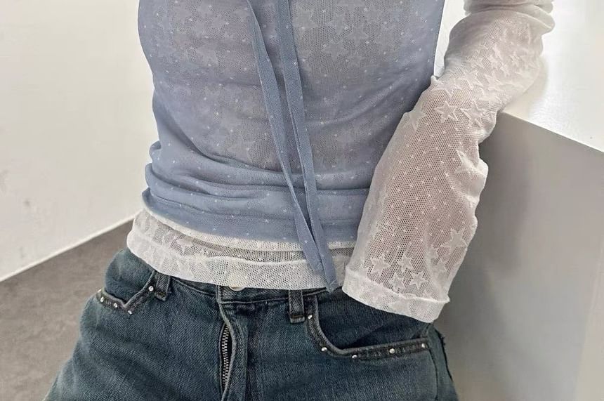 Puff-Sleeve Scoop Neck Tie Front Mesh Top with Dots
