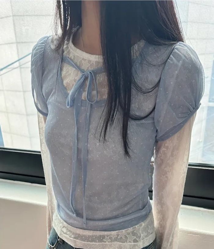 Puff-Sleeve Scoop Neck Tie Front Mesh Top with Dots