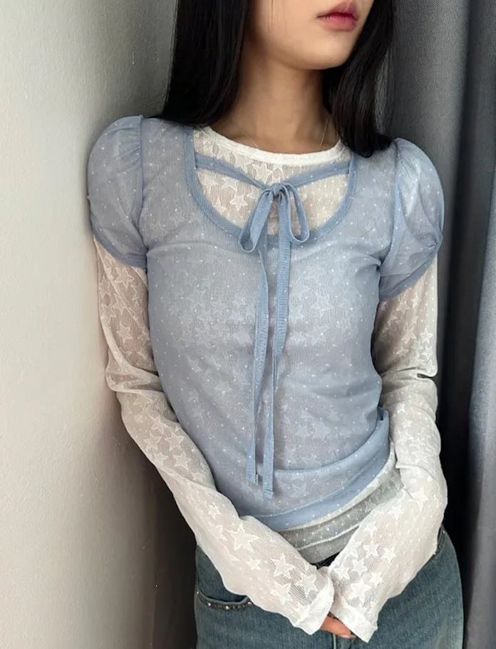 Puff-Sleeve Scoop Neck Tie Front Mesh Top with Dots