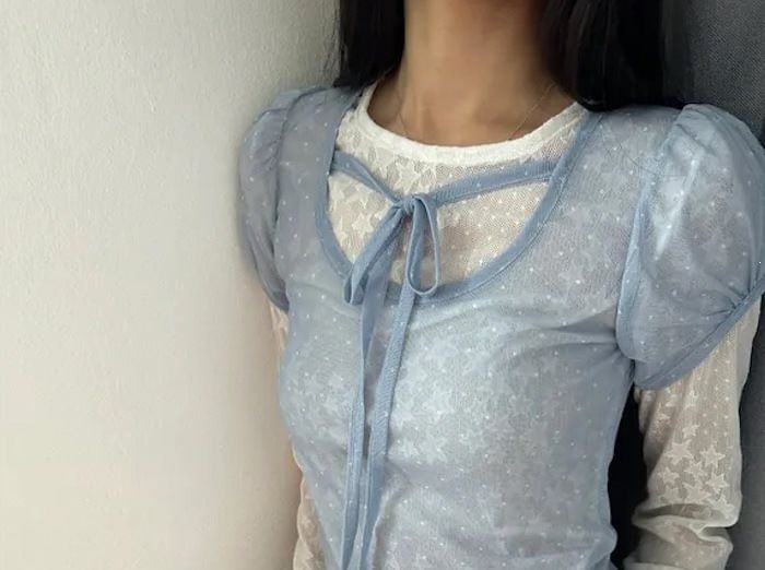 Puff-Sleeve Scoop Neck Tie Front Mesh Top with Dots