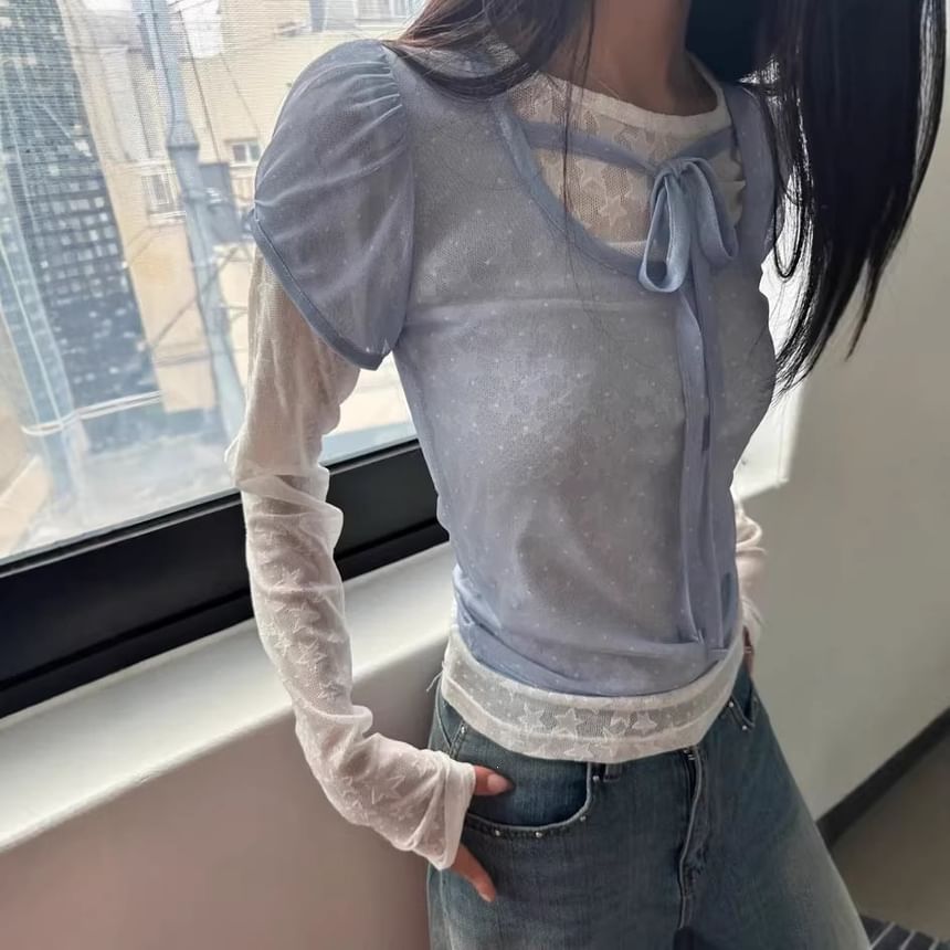 Puff-Sleeve Scoop Neck Tie Front Mesh Top with Dots