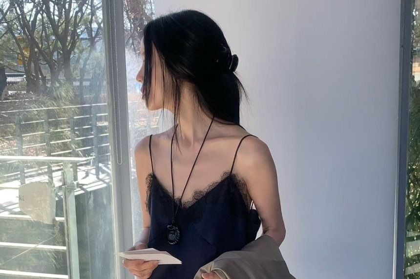 V-Neck Asymmetric Lace Trim Camisole Top