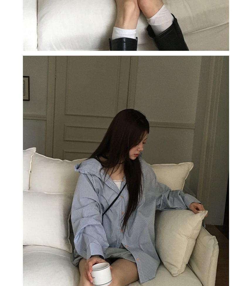 Long-Sleeve Plaid Hooded Button Shirt with Frill Trim