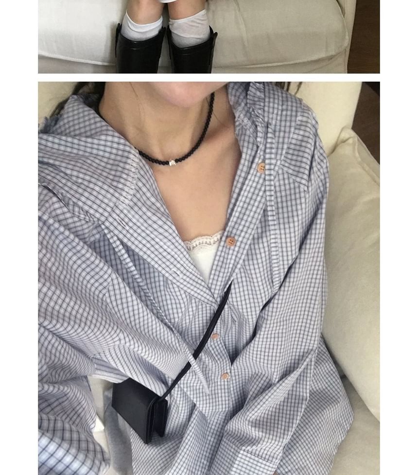 Long-Sleeve Plaid Hooded Button Shirt with Frill Trim