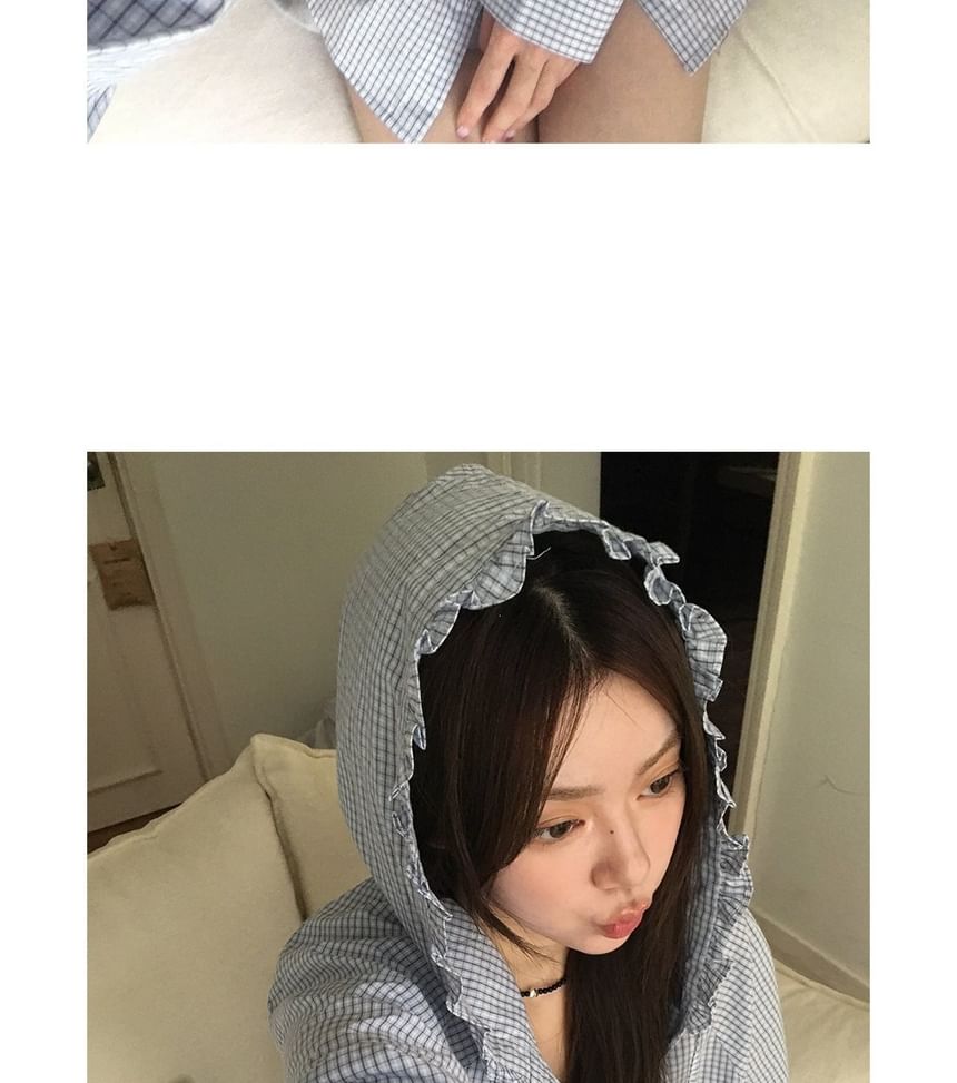 Long-Sleeve Plaid Hooded Button Shirt with Frill Trim