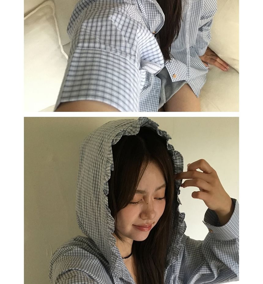 Long-Sleeve Plaid Hooded Button Shirt with Frill Trim