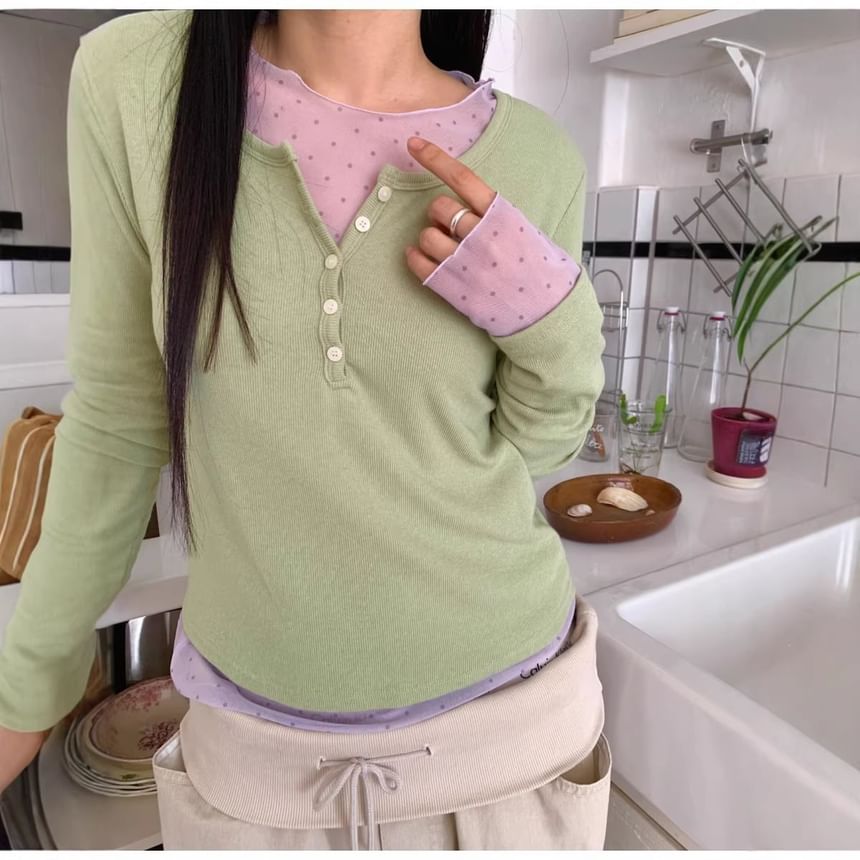 Long-Sleeve Crew Neck Mesh Top with Micro Dot Print