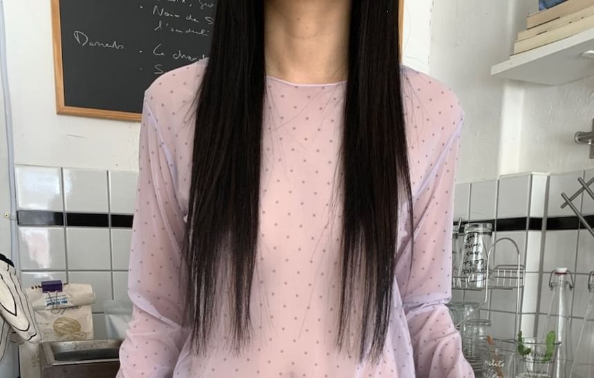 Long-Sleeve Crew Neck Mesh Top with Micro Dot Print