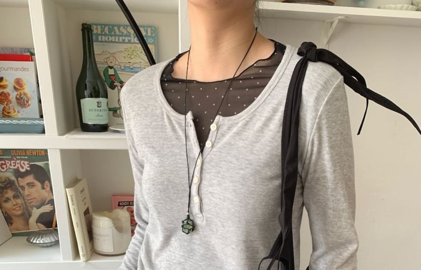 Long-Sleeve Crew Neck Mesh Top with Micro Dot Print