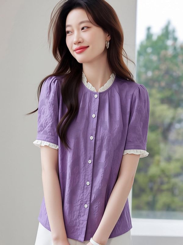 Short-Sleeve Lace Trim Button-Up Textured Blouse
