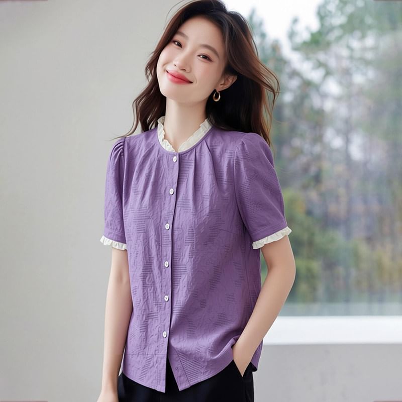 Short-Sleeve Lace Trim Button-Up Textured Blouse