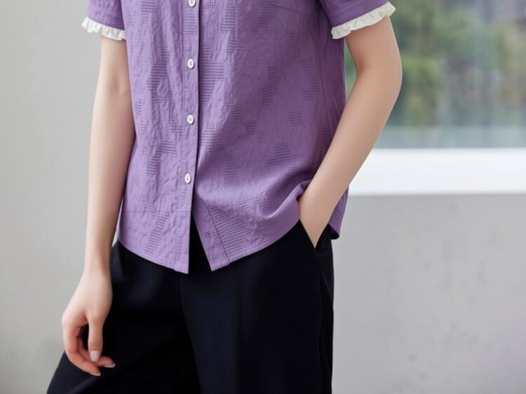 Short-Sleeve Lace Trim Button-Up Textured Blouse
