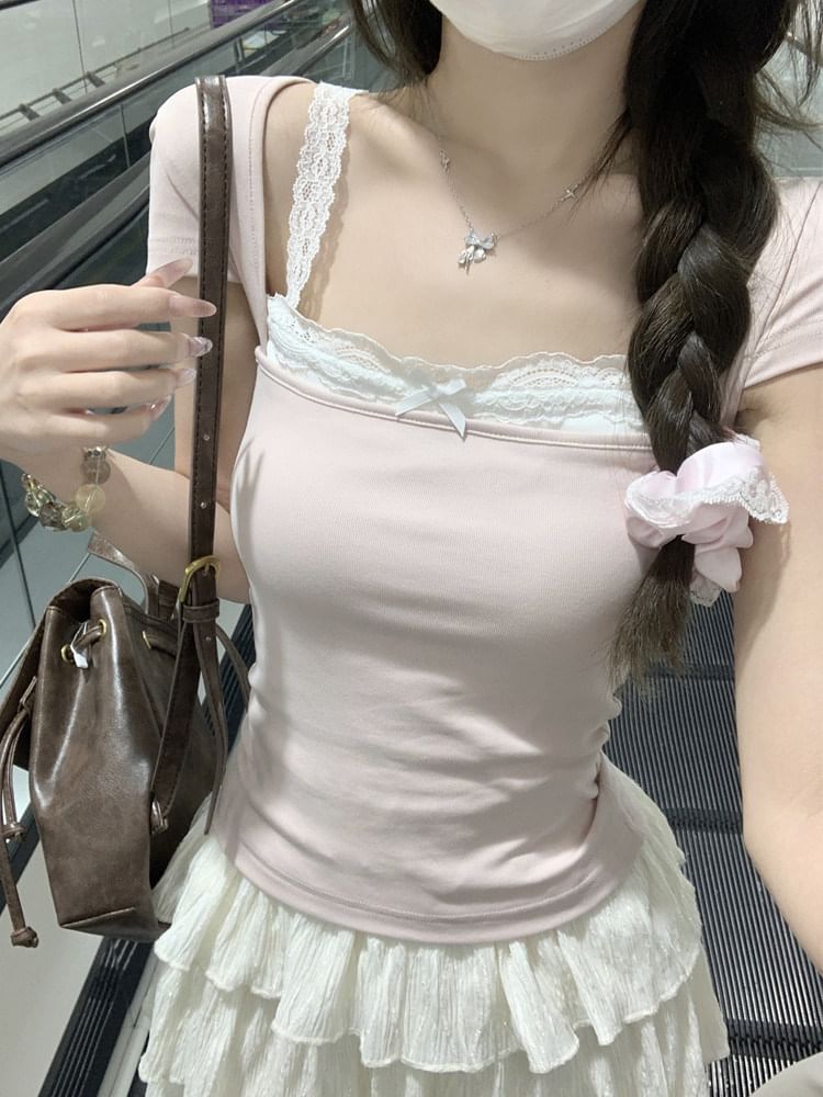Short-Sleeve Square Neck Lace Trim Plain Crop Top