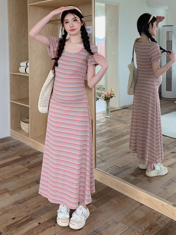Maternity Short-Sleeve Scoop Neck Multicolor Stripe Maxi T-Shirt Dress