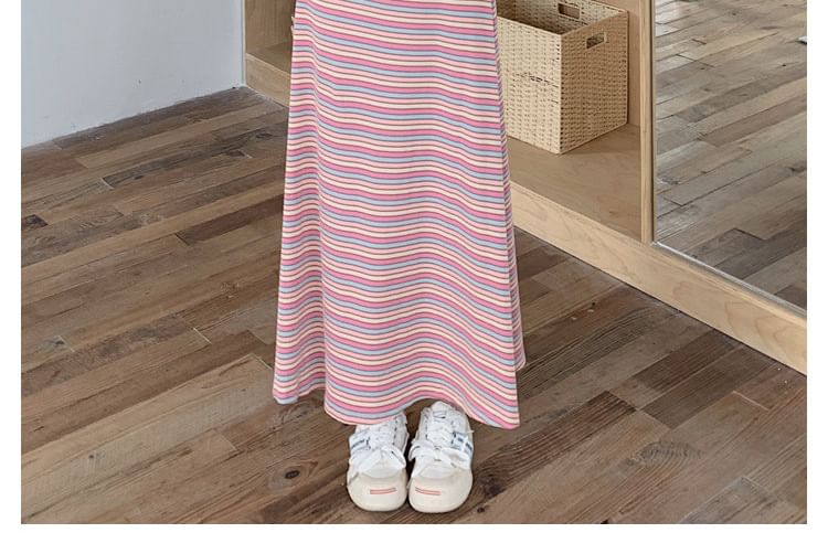 Maternity Short-Sleeve Scoop Neck Multicolor Stripe Maxi T-Shirt Dress