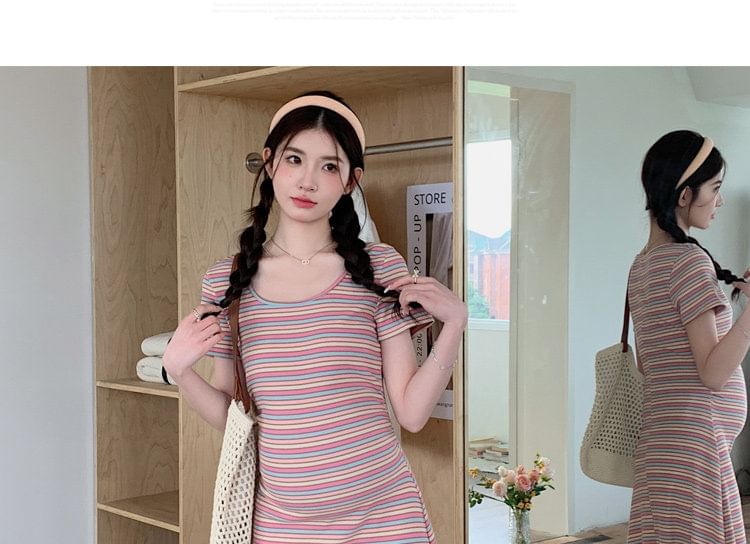 Maternity Short-Sleeve Scoop Neck Multicolor Stripe Maxi T-Shirt Dress