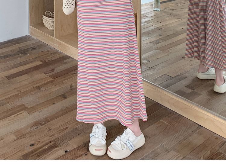 Maternity Short-Sleeve Scoop Neck Multicolor Stripe Maxi T-Shirt Dress