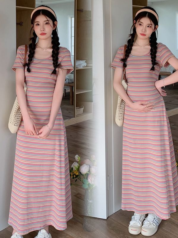 Maternity Short-Sleeve Scoop Neck Multicolor Stripe Maxi T-Shirt Dress