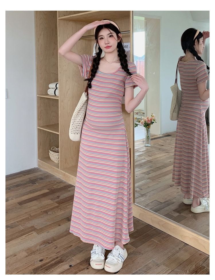 Maternity Short-Sleeve Scoop Neck Multicolor Stripe Maxi T-Shirt Dress