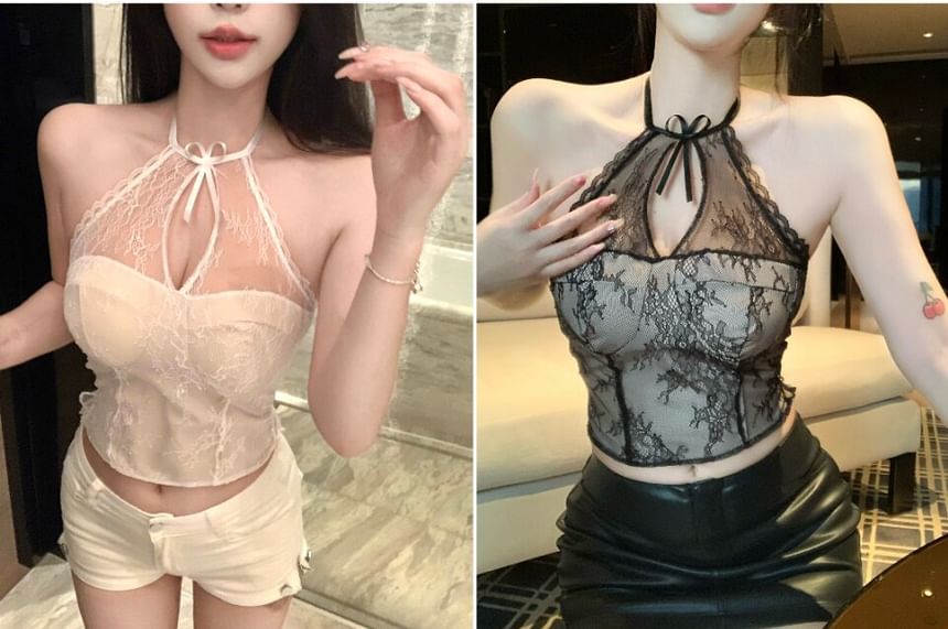 Halter Neck Cutout Padded Lace Crop Top with Open Back
