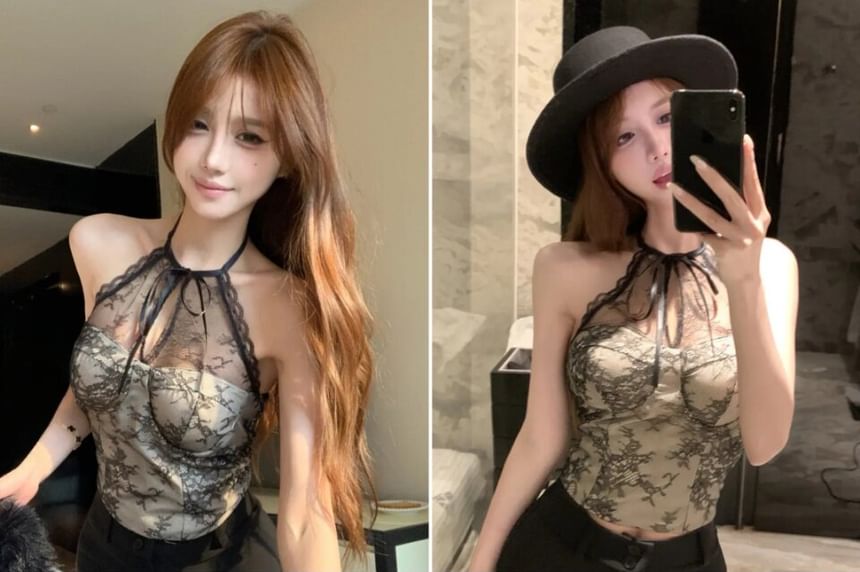 Halter Neck Cutout Padded Lace Crop Top with Open Back