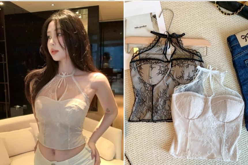 Halter Neck Cutout Padded Lace Crop Top with Open Back