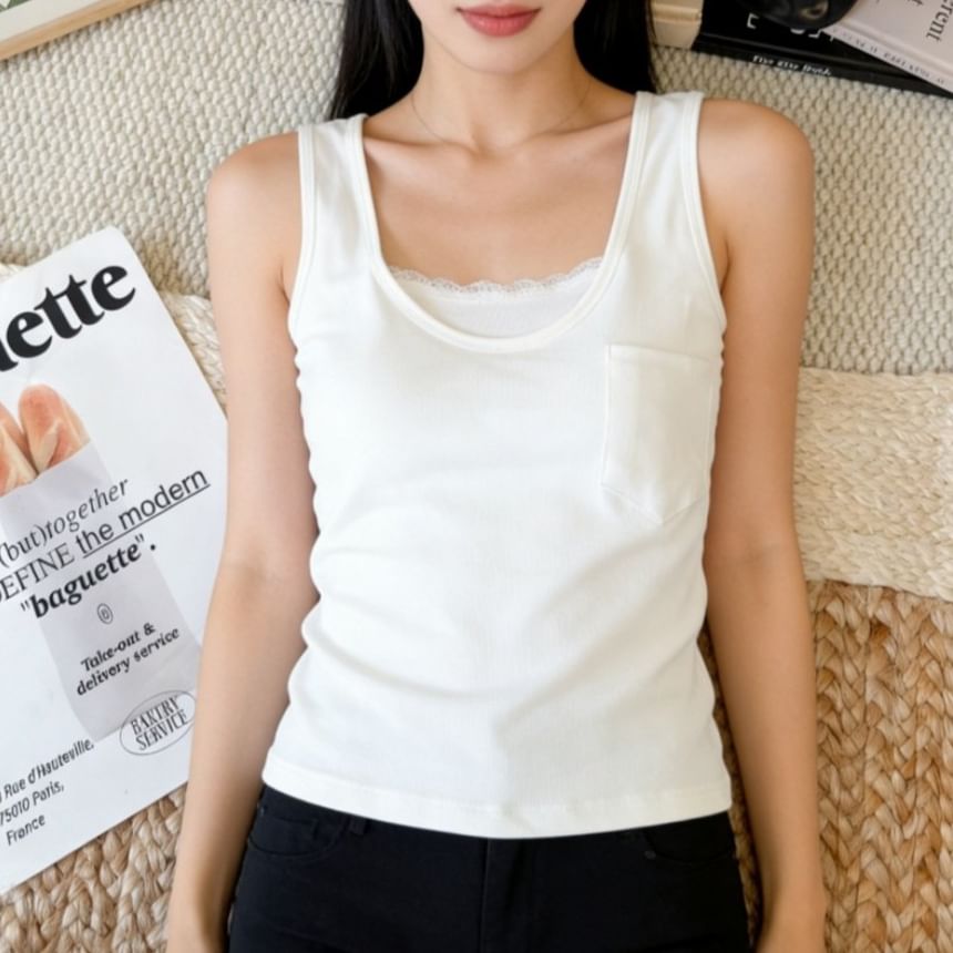 Scoop Neck Lace Trim Padded Crop Tank Top