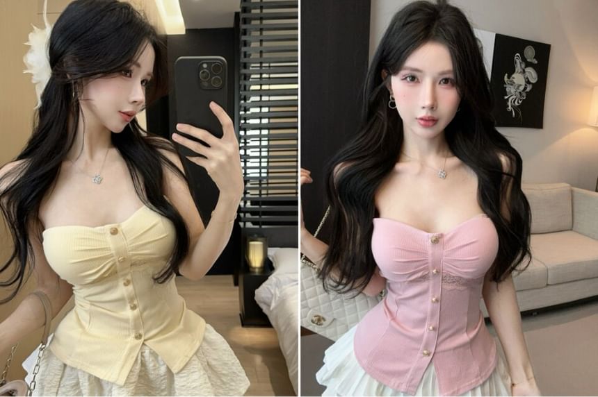 Lace Panel Ruched Button Slit Crop Tube Top