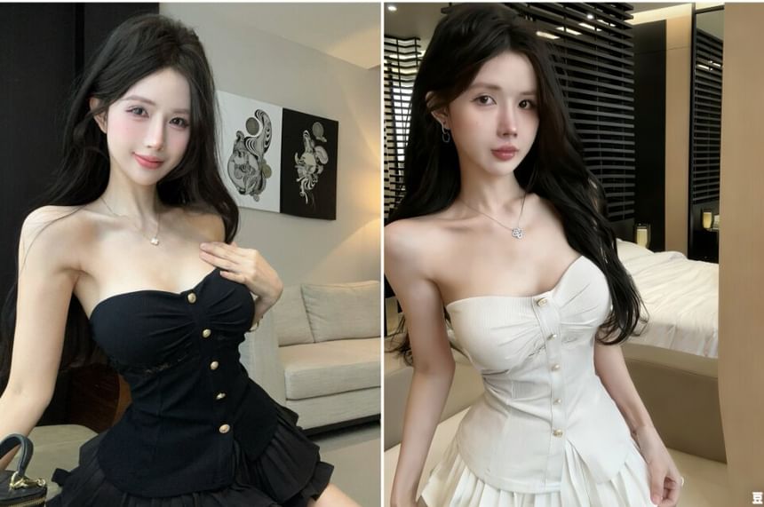 Lace Panel Ruched Button Slit Crop Tube Top