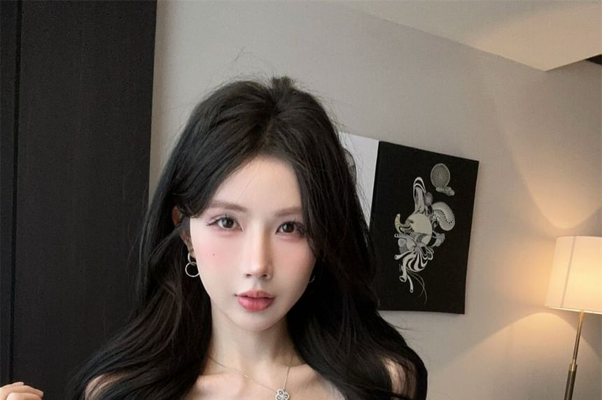 Lace Panel Ruched Button Slit Crop Tube Top