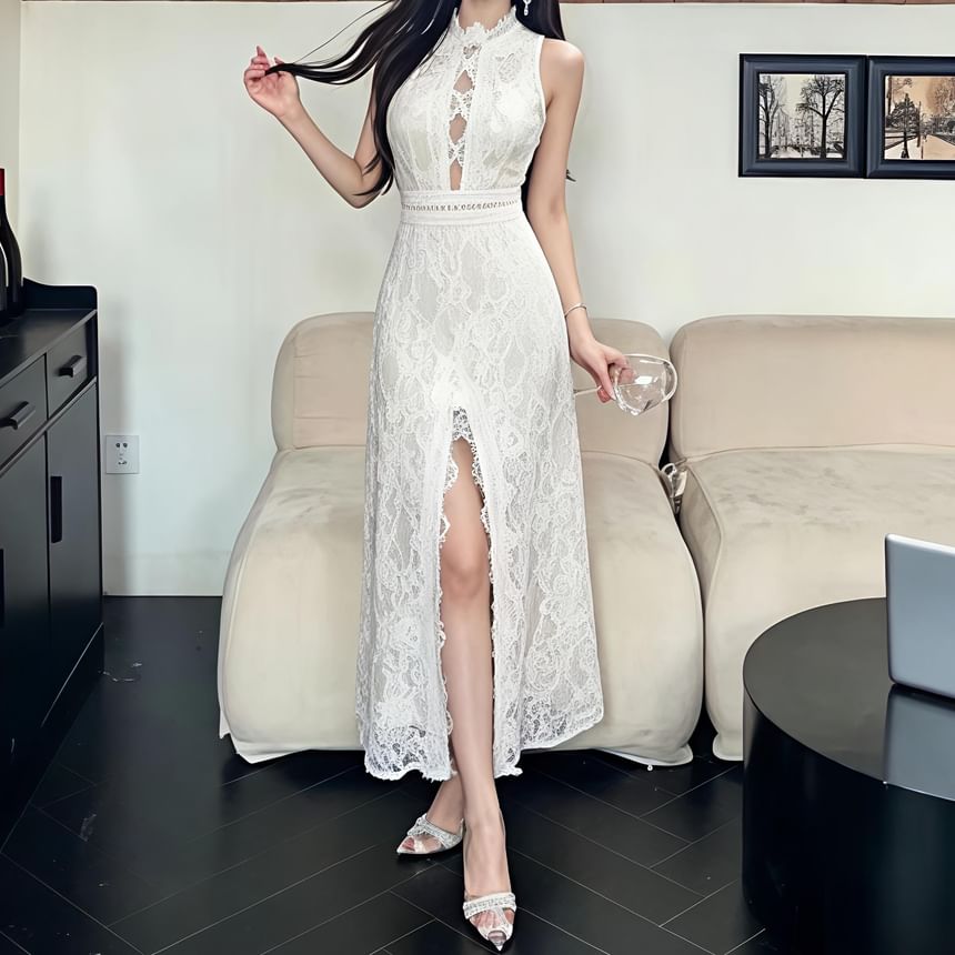 Sleeveless Mock Neck Cutout Slit Lace Maxi A-Line Dress