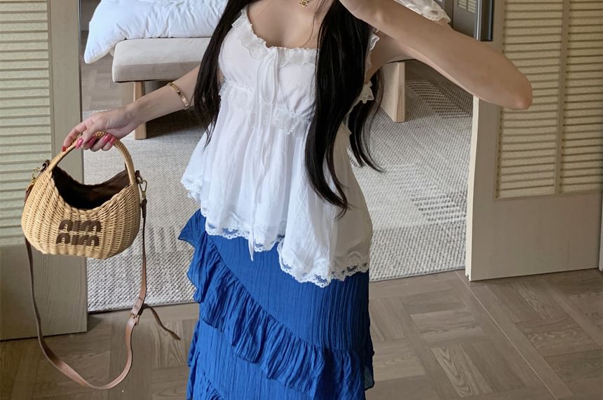 Sleeveless V-Neck Lace Top / Mid Waist Asymmetrical Maxi Skirt