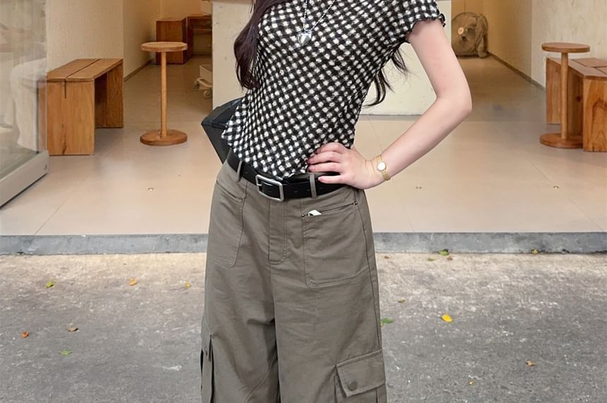 Plaid Crew-Neck Short-Sleeve Top