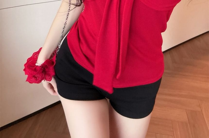 Short-Sleeve V-Neck Ruched Padded T-Shirt Plain